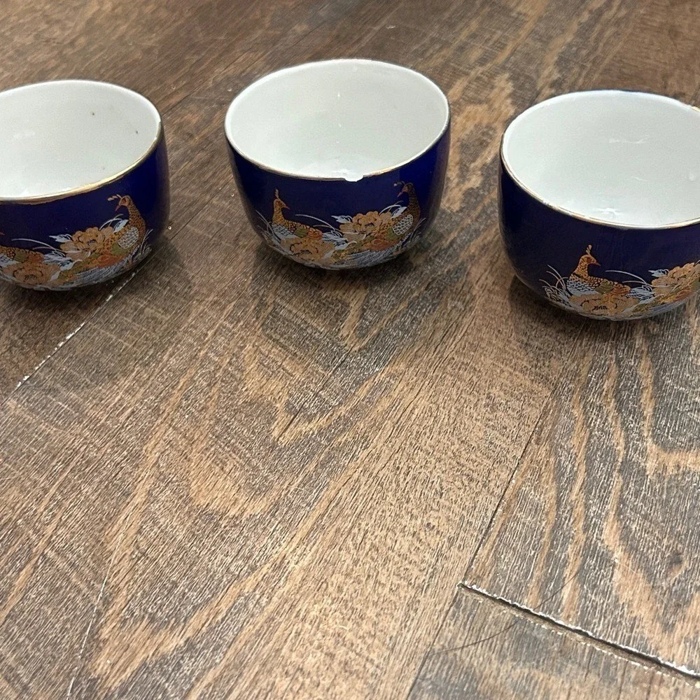Vintage Blue Asian Porcelain Teapot/Lid Wrapped Handle Gold Pheasant 3 Cups
